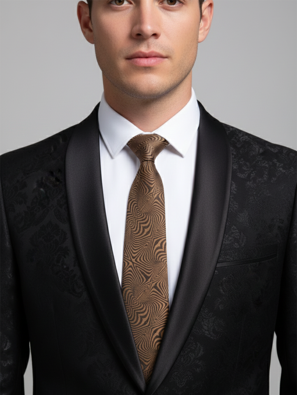 Premium Men's Silk-Blend Necktie – Espresso Chocolate Brown Tie with Elegant Copper-Tan Textured Wave and Concentric Diamond Geometric Pattern