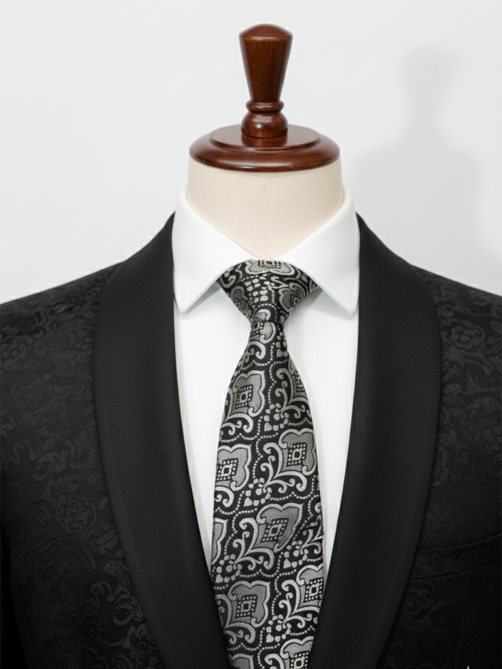 Premium Men's Silk-Blend Necktie – Charcoal Black and Metallic Silver Tie with Elegant Vintage Damask Baroque Pattern
