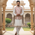 Men’s Ivory Floral Print Nehru Jacket with Kurta Pajama –  Elegant Festive Wear