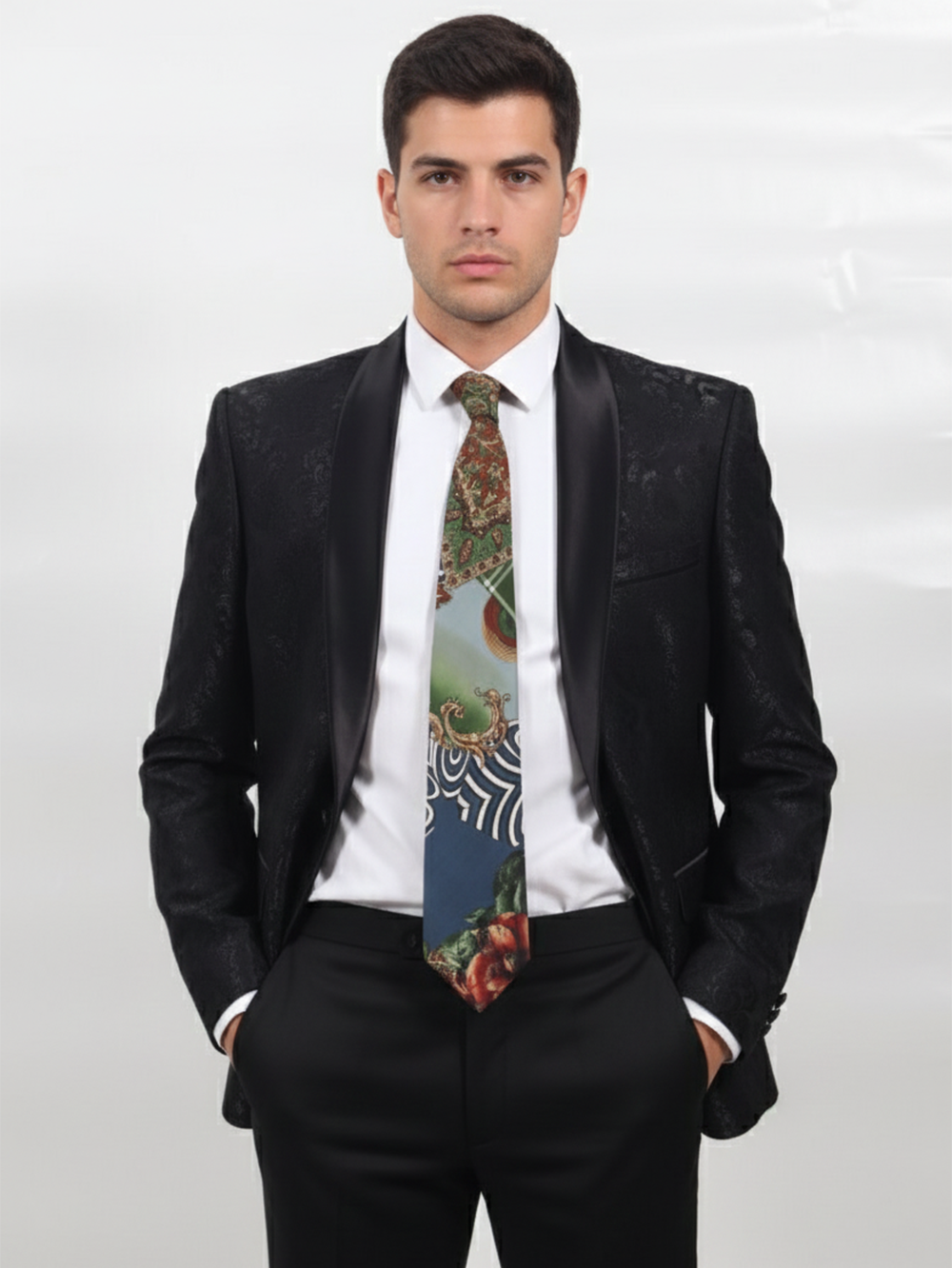 Premium Men's Silk-Blend Necktie – Artistic Multi-Color Patchwork Tie with Navy Blue, Forest Green, Gold Baroque Scroll, and Floral Tapestry Pattern