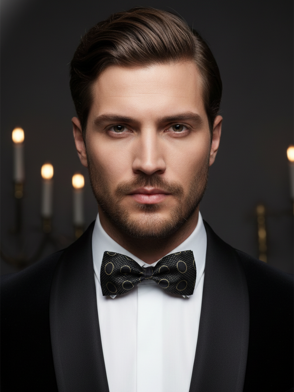 Elegant Black and Gold Polka Dot Silk Pre-Tied Bow Tie