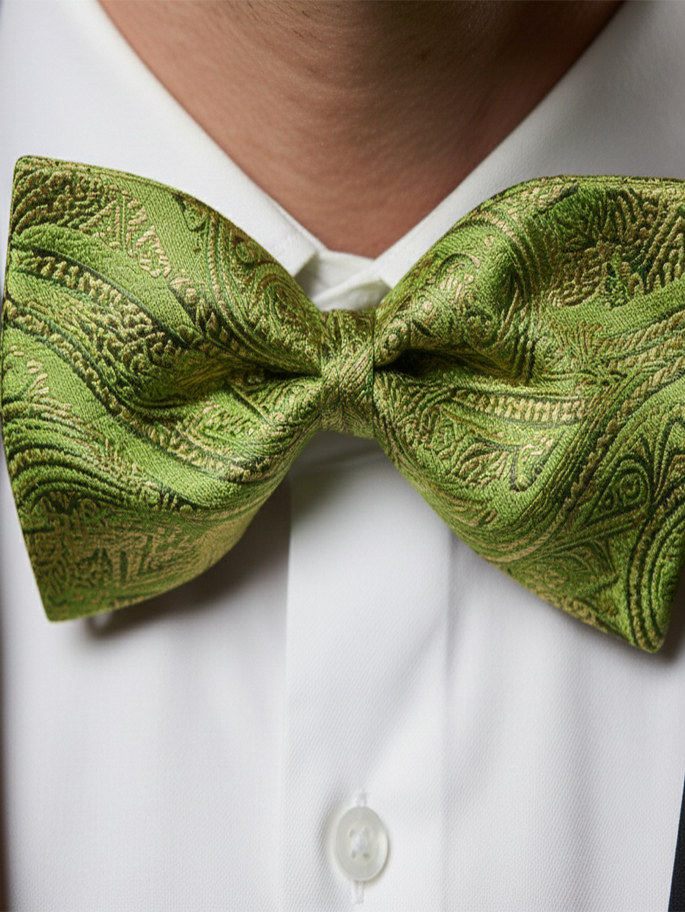 Elegant Olive Green and Gold Paisley Men's Bow Tie