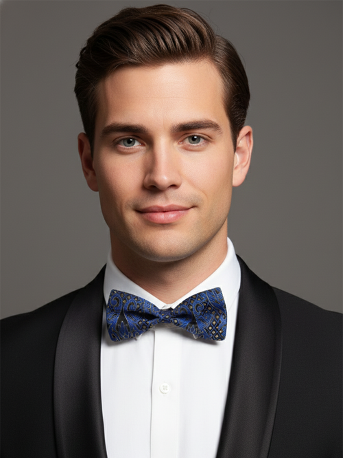 Elegant Royal Blue and Black Paisley Pattern Men's Bow Tie