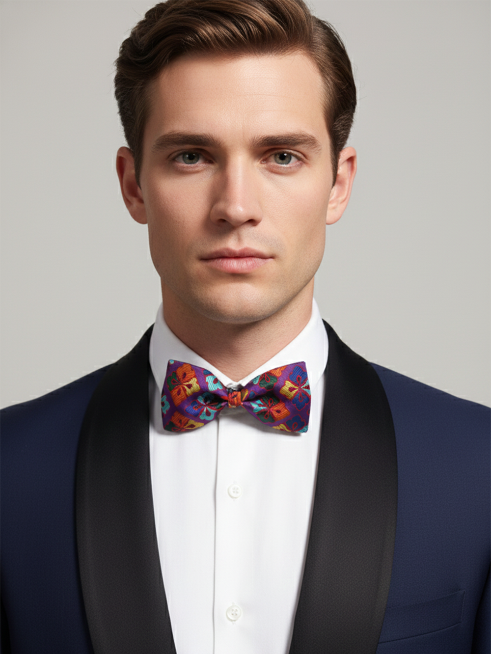 Vibrant Purple and Multicolor Floral Geometric Men's Bow Tie