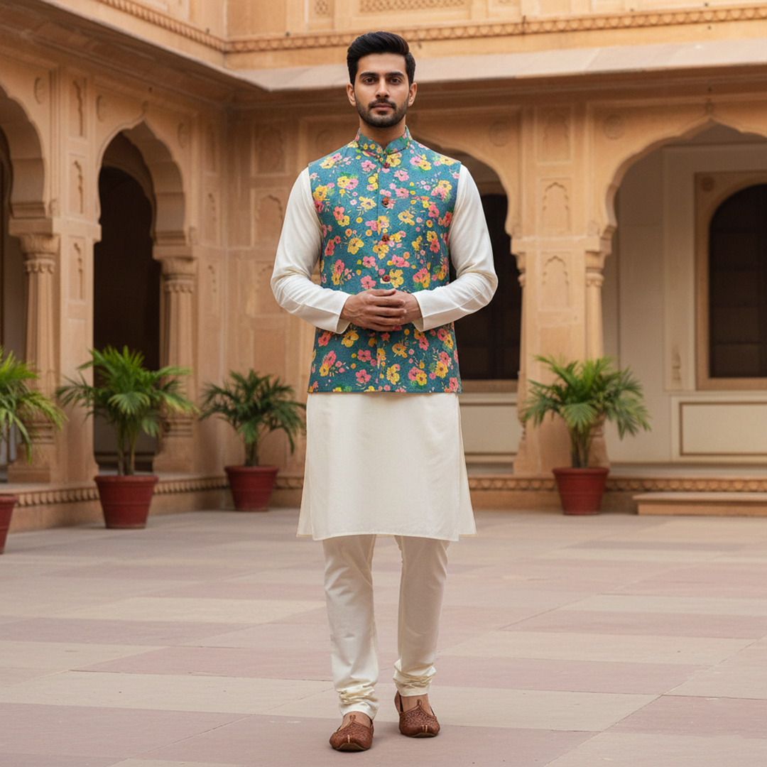 Men’s Teal Floral Printed Nehru Jacket with Ivory Kurta  Pajama – Festive & Wedding Wear