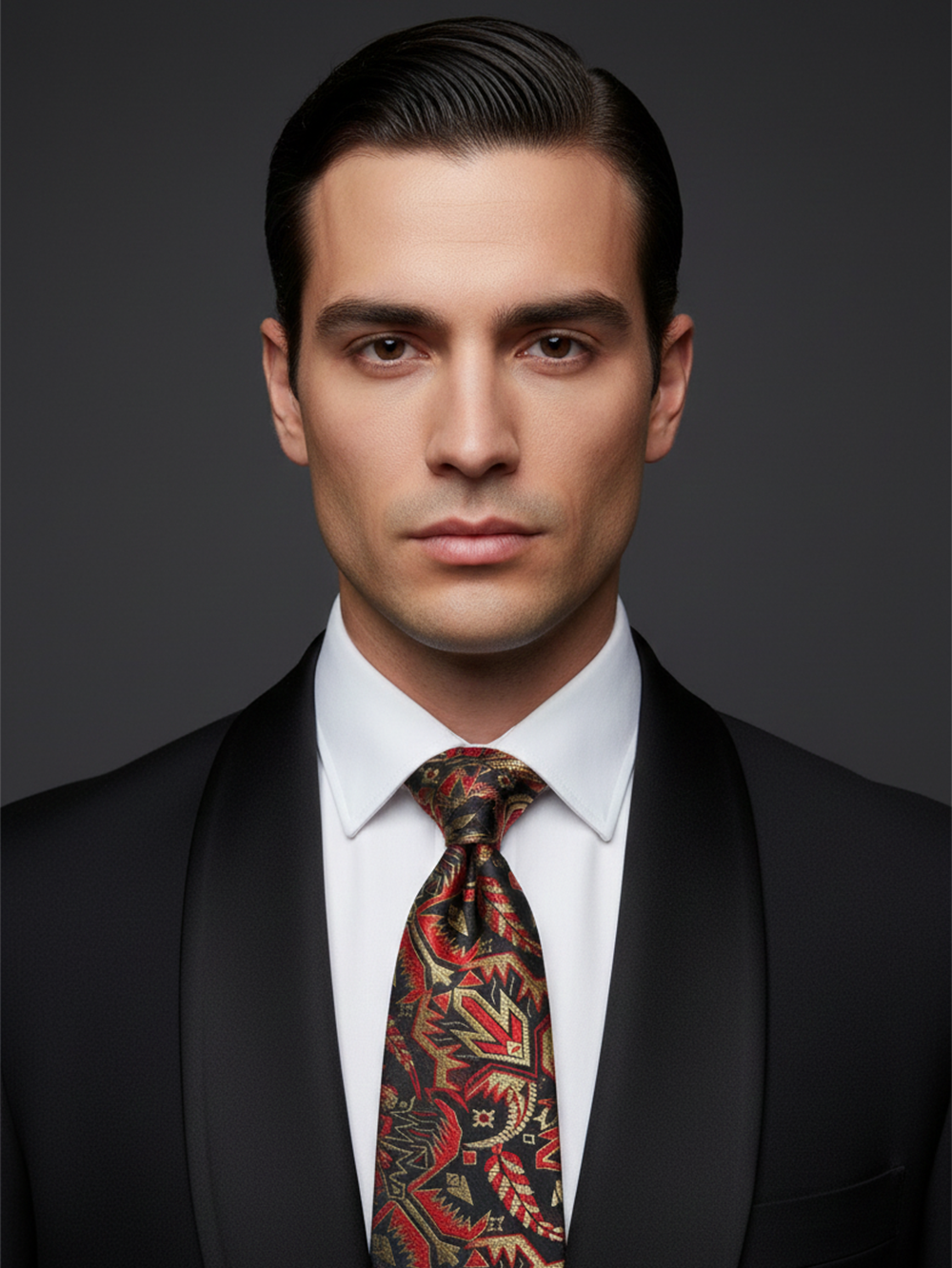Premium Men's Silk-Blend Necktie – Matte Black Tie with Red and Metallic Gold Abstract Geometric Tribal Motif