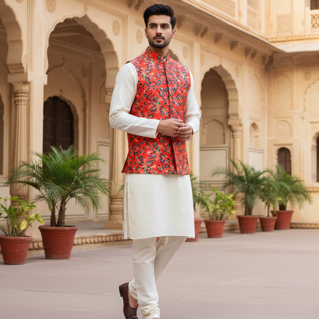 Men’s Red Floral Print Nehru Jacket with Ivory Kurta Pajama –  Festive & Wedding Wear