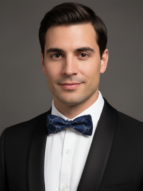 Elegant Navy Blue Bow Tie With Gold Geometric Pattern