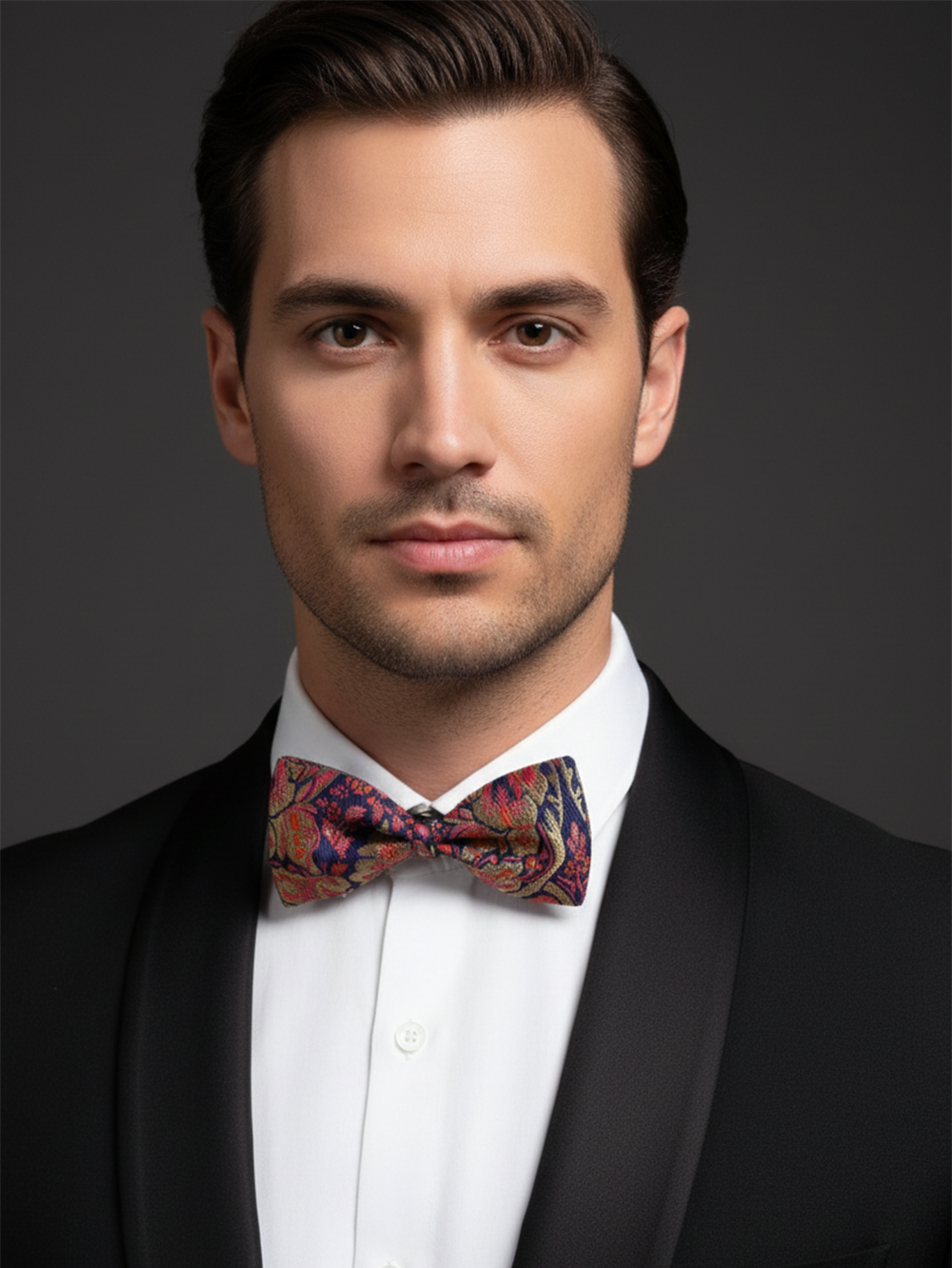 Luxury Navy Blue and Crimson Floral Men's Bow Tie