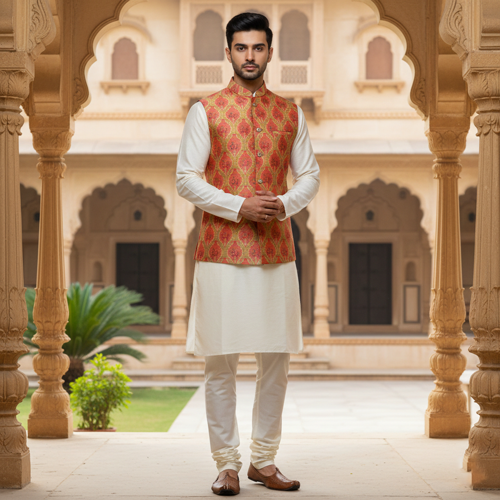 Men’s Red & Gold Patterned Nehru Jacket with Ivory Kurta  Pajama – Royal Festive Wear