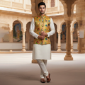 Men’s Mustard Printed Nehru Jacket with Ivory Kurta  Pajama – Contemporary Festive Wear