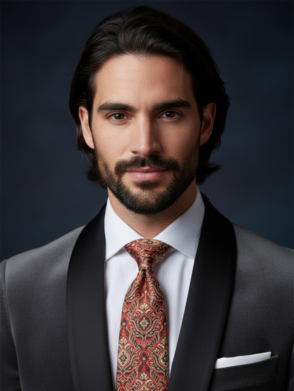 Premium Men's Silk-Blend Necktie – Terracotta Rust Red Tie with Antique Gold, Tan, and Brown Vintage Baroque Floral Damask Tapestry Pattern