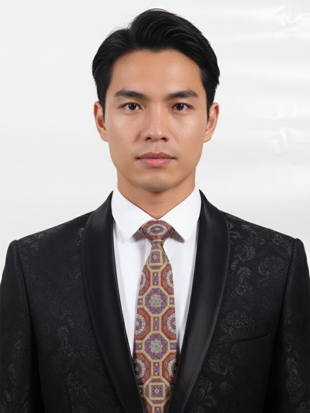 Premium Men's Silk-Blend Necktie – Terracotta Rust and Charcoal Grey Tie with Ornate Circular Medallions, Vintage Persian Rug Tapestry Pattern