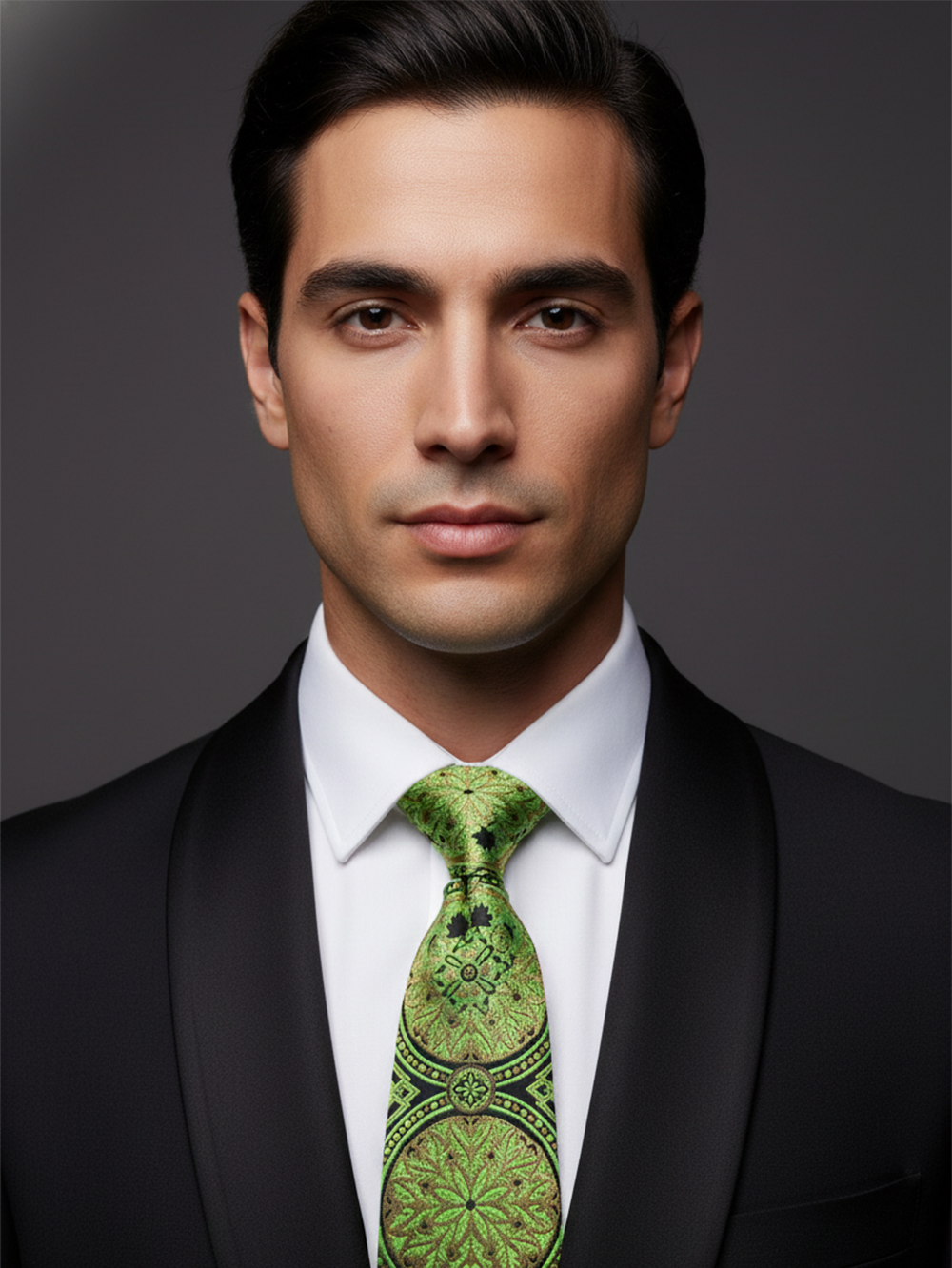 Premium Men's Silk-Blend Necktie – Matte Black Tie with Vibrant Lime Green, Olive, and Gold Vintage Baroque Circular Medallion Pattern
