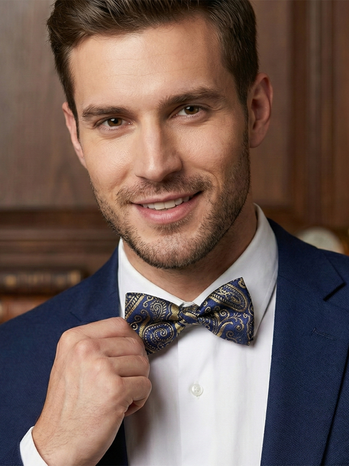 Elegant Navy Blue and Gold Paisley Pre-Tied Bow Tie