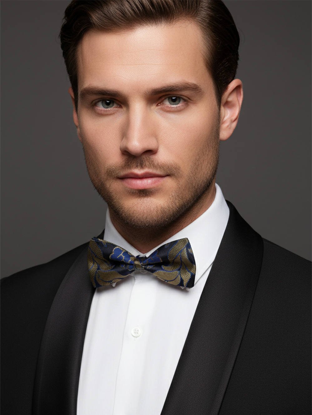 Luxury Navy Blue and Bronze Baroque Men's Bow Tie