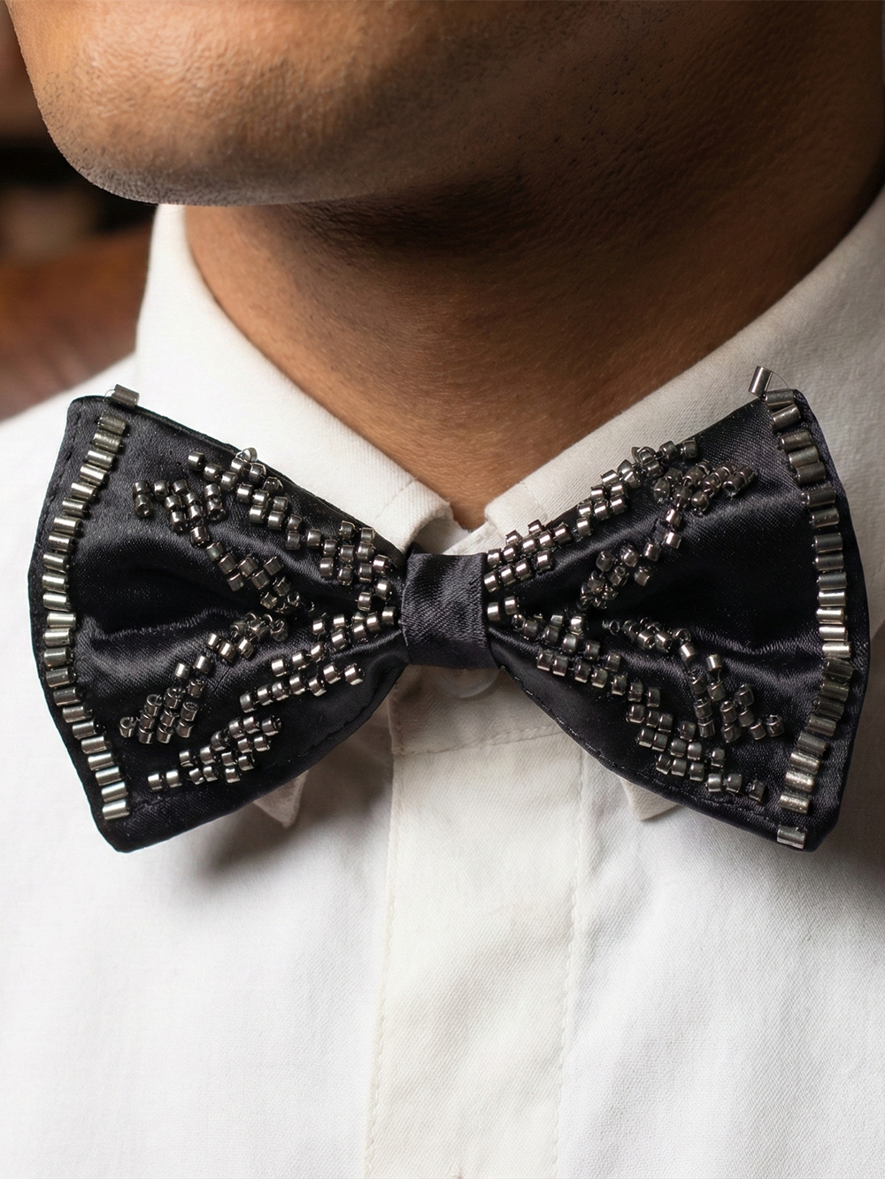 Premium Black Satin Bow Tie with Hand-Beaded Metallic Stud Embellishments – Elegant Pre-Tied Tuxedo Bowtie for Men