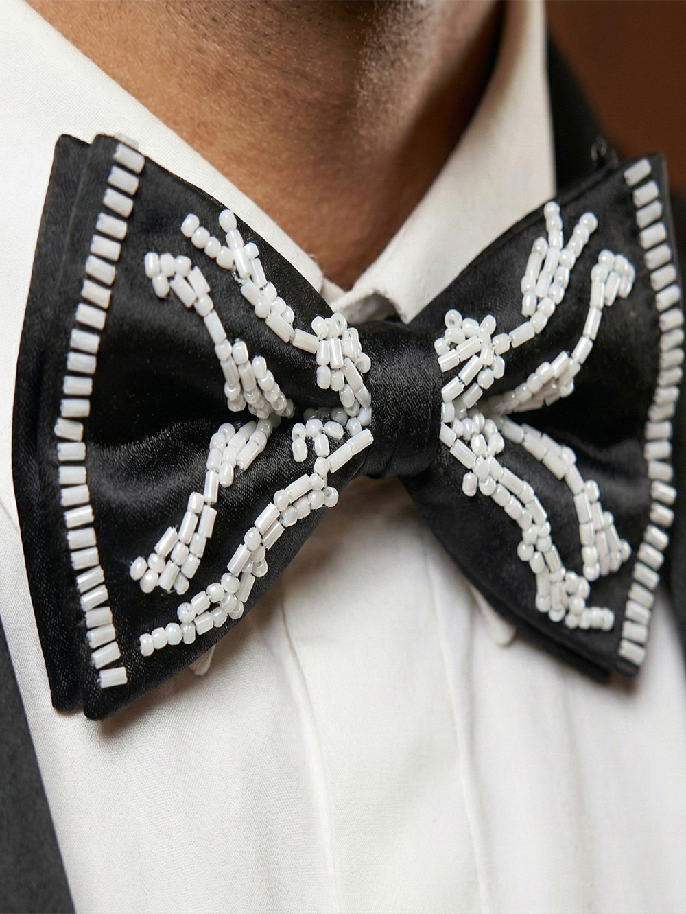 Handcrafted Beaded Men's Bow Tie, Premium Black Silk Satin Formal Bowtie with White Bead Embroidery