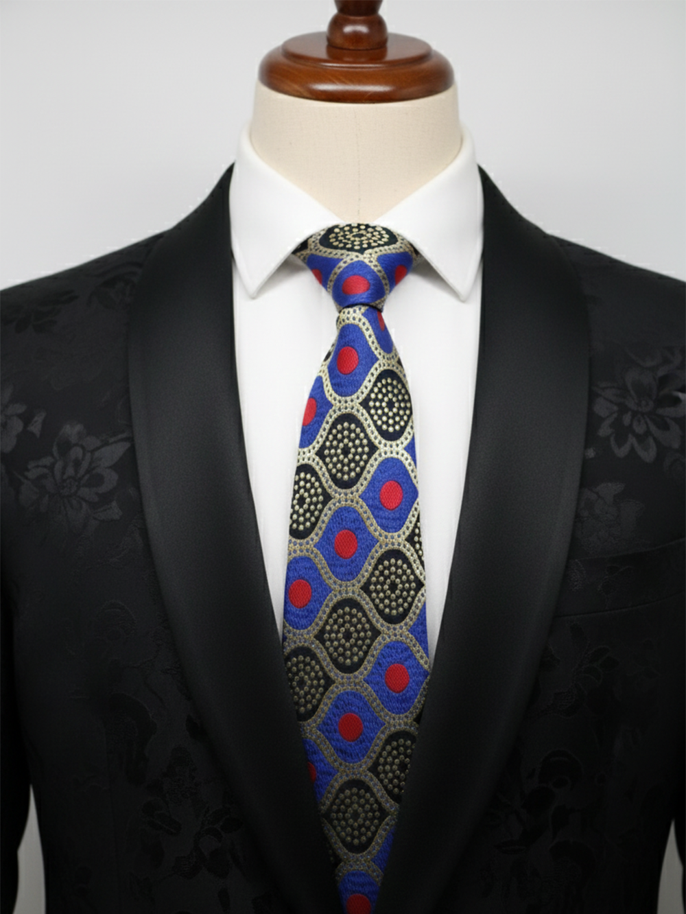 Premium Men's Silk-Blend Necktie – Vibrant Royal Blue Tie with Red Dots, Gold Accents, and Retro Geometric Mosaic Pattern