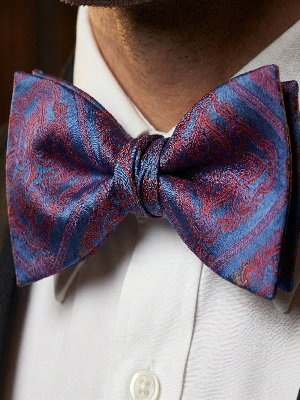 Sophisticated Blue and Red Crimson Paisley Pre-Tied Bow Tie