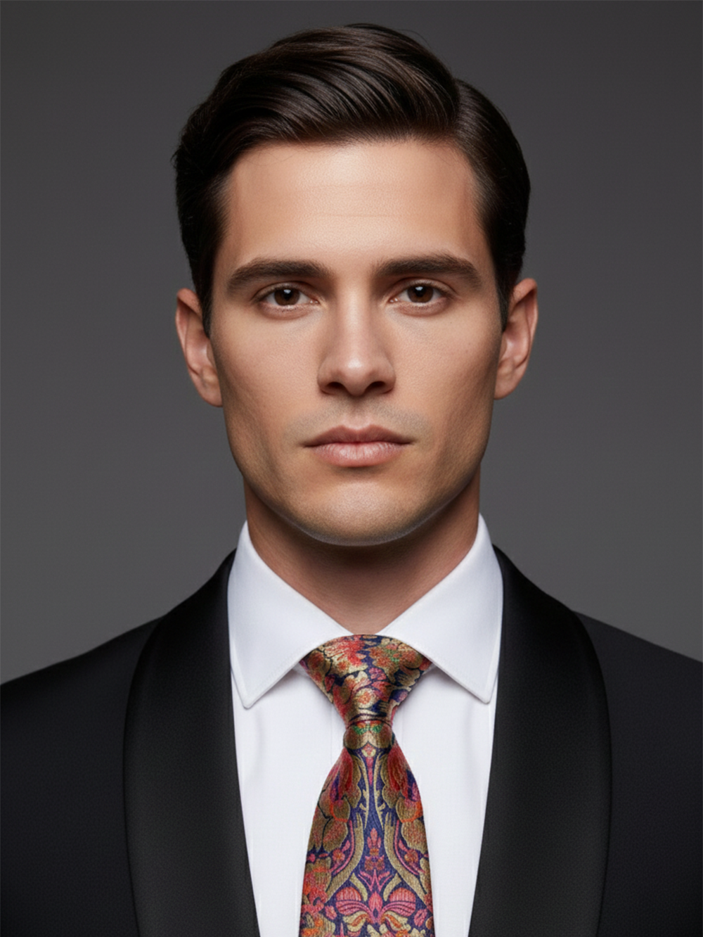 Premium Men's Silk-Blend Necktie – Navy Blue and Antique Gold Tie with Vibrant Pink, Orange, and Green Vintage Baroque Floral Tapestry Pattern