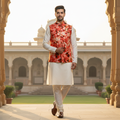 Men’s Red Floral Nehru Jacket with Ivory Kurta Pajama –  Festive Wedding Ethnic Wear