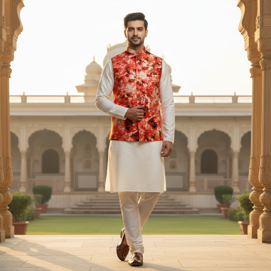 Men’s Red Floral Nehru Jacket with Ivory Kurta Pajama –  Festive Wedding Ethnic Wear