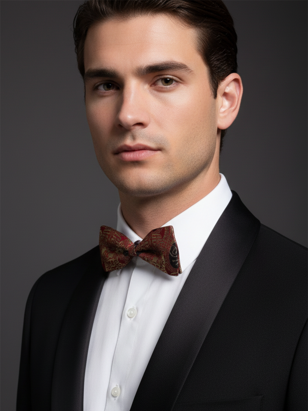 Luxury Burgundy Red and Gold Geometric Oriental Men's Bow Tie