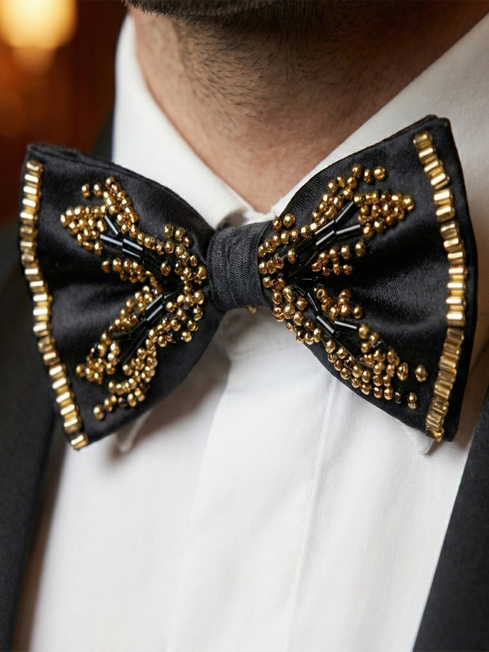 Handcrafted Beaded Men's Bow Tie, Premium Black Silk Satin Formal Bowtie with Gold Bead Embroidery