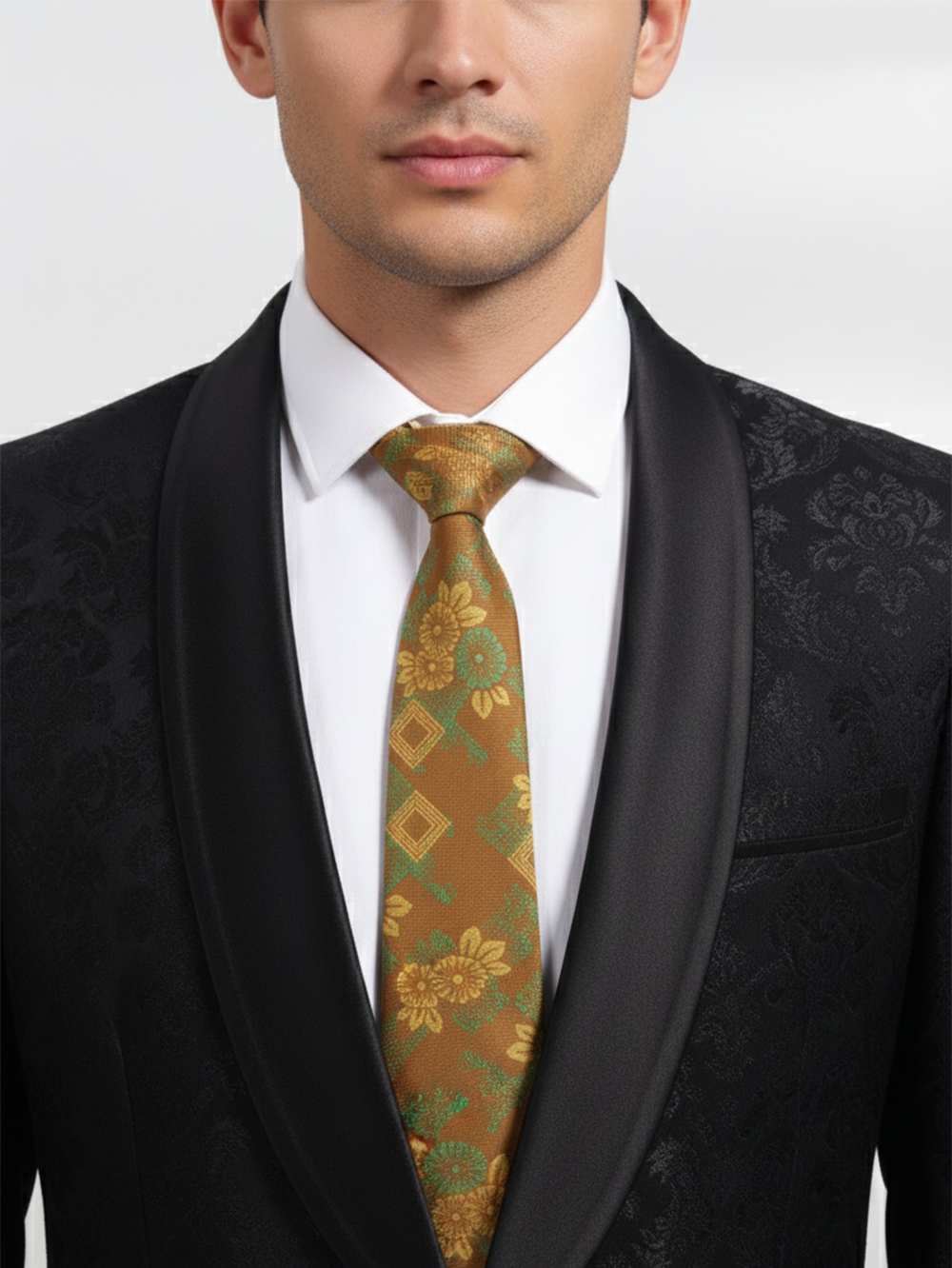Premium Men's Silk-Blend Necktie – Chestnut Ochre Tan Tie with Elegant Green and Dull Gold Vintage Japanese Chrysanthemum Floral Pattern