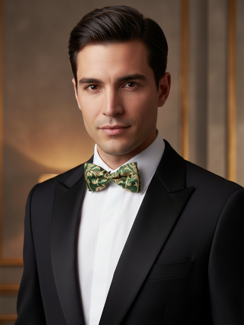 Luxury Forest Green and Gold Baroque Men's Bow Tie
