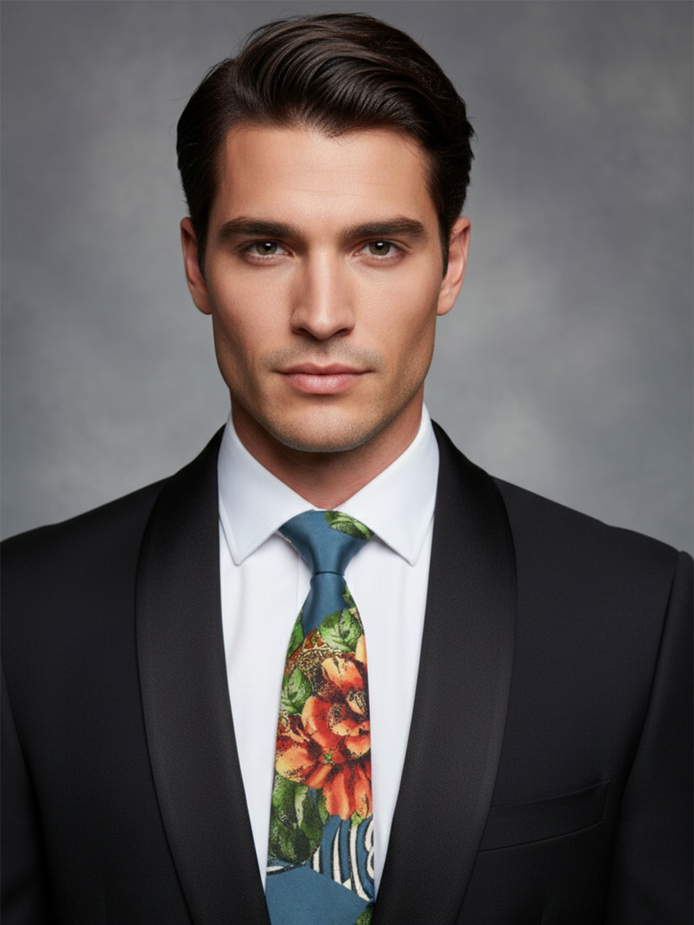 Premium Men's Floral Necktie – Blue Silk-Blend Tie with Orange, Green, and Red Vintage Botanical Flower Pattern