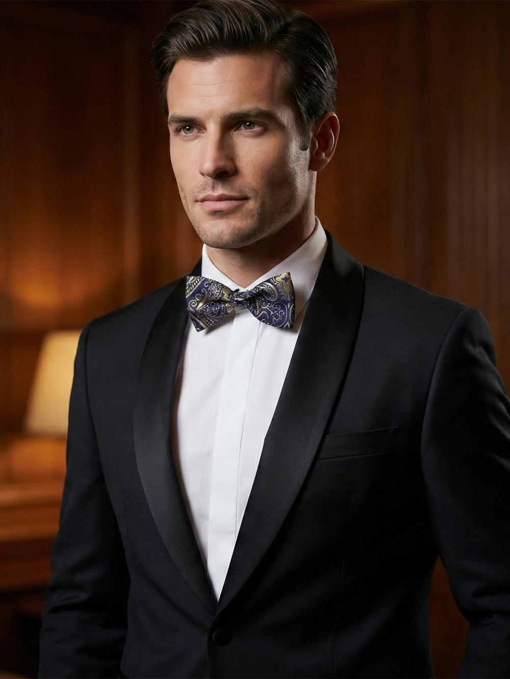 Luxurious Blue and Gold Paisley Pre-Tied Formal Bow Tie