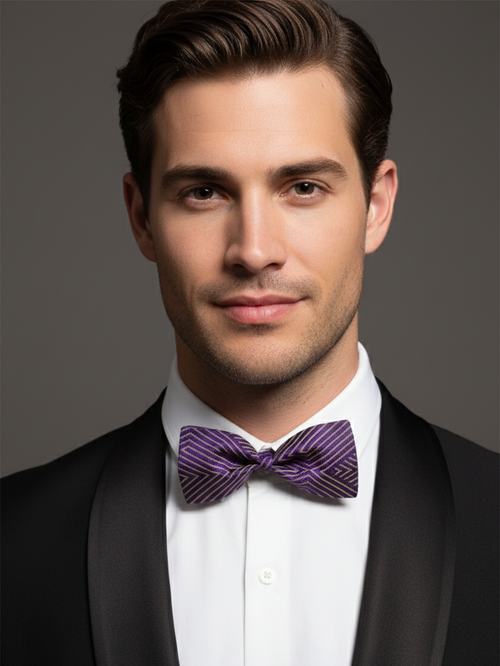 Elegant Purple and Gold Diagonal Striped Men's Bow Tie