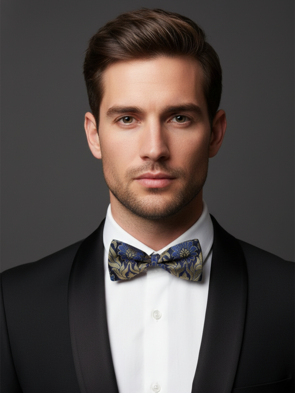 Luxury Royal Blue and Antique Gold Floral Men's Bow Tie
