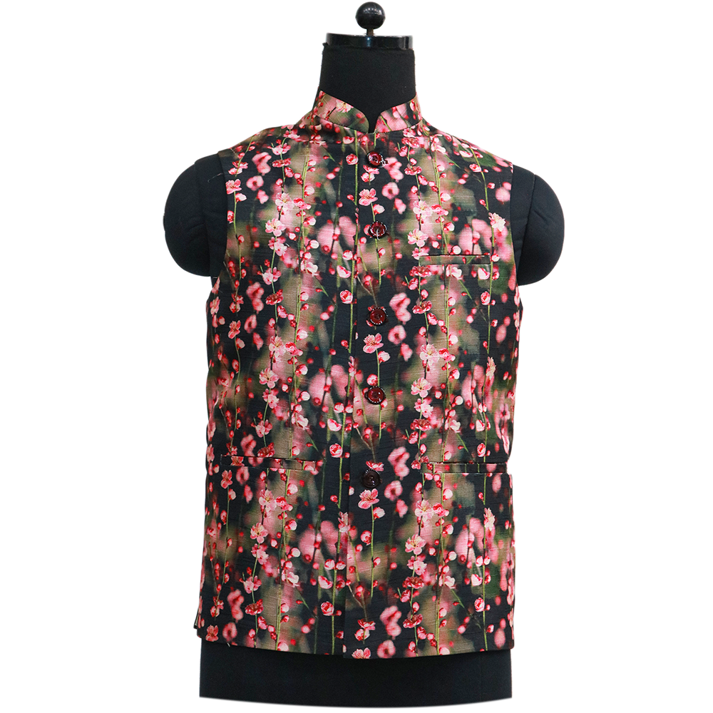 Men’s Black Floral Printed Nehru Jacket with Ivory  Kurta Pajama – Elegant Festive Ensemble