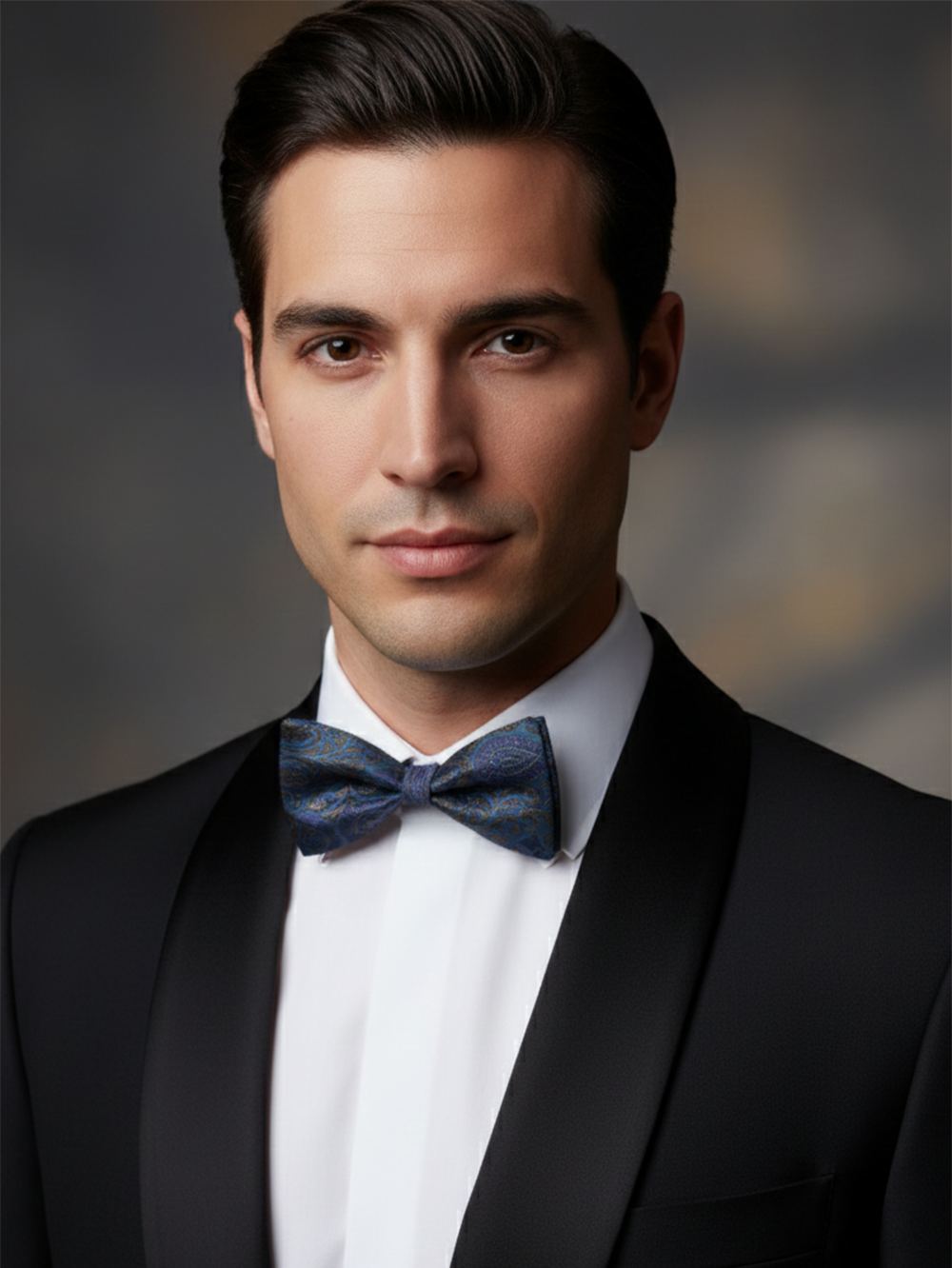 Regal Navy Blue and Bronze Paisley Men's Bow Tie