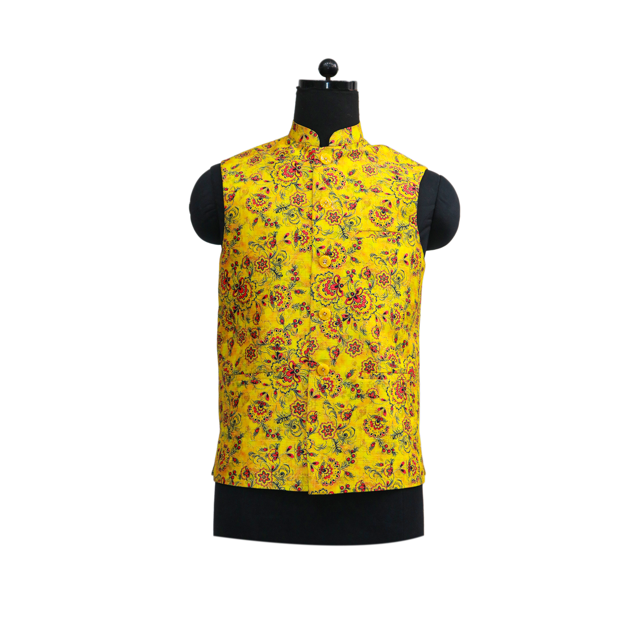 Men’s Yellow Floral Printed Nehru Jacket with Ivory Kurta  Pajama – Festive & Wedding Wear Set