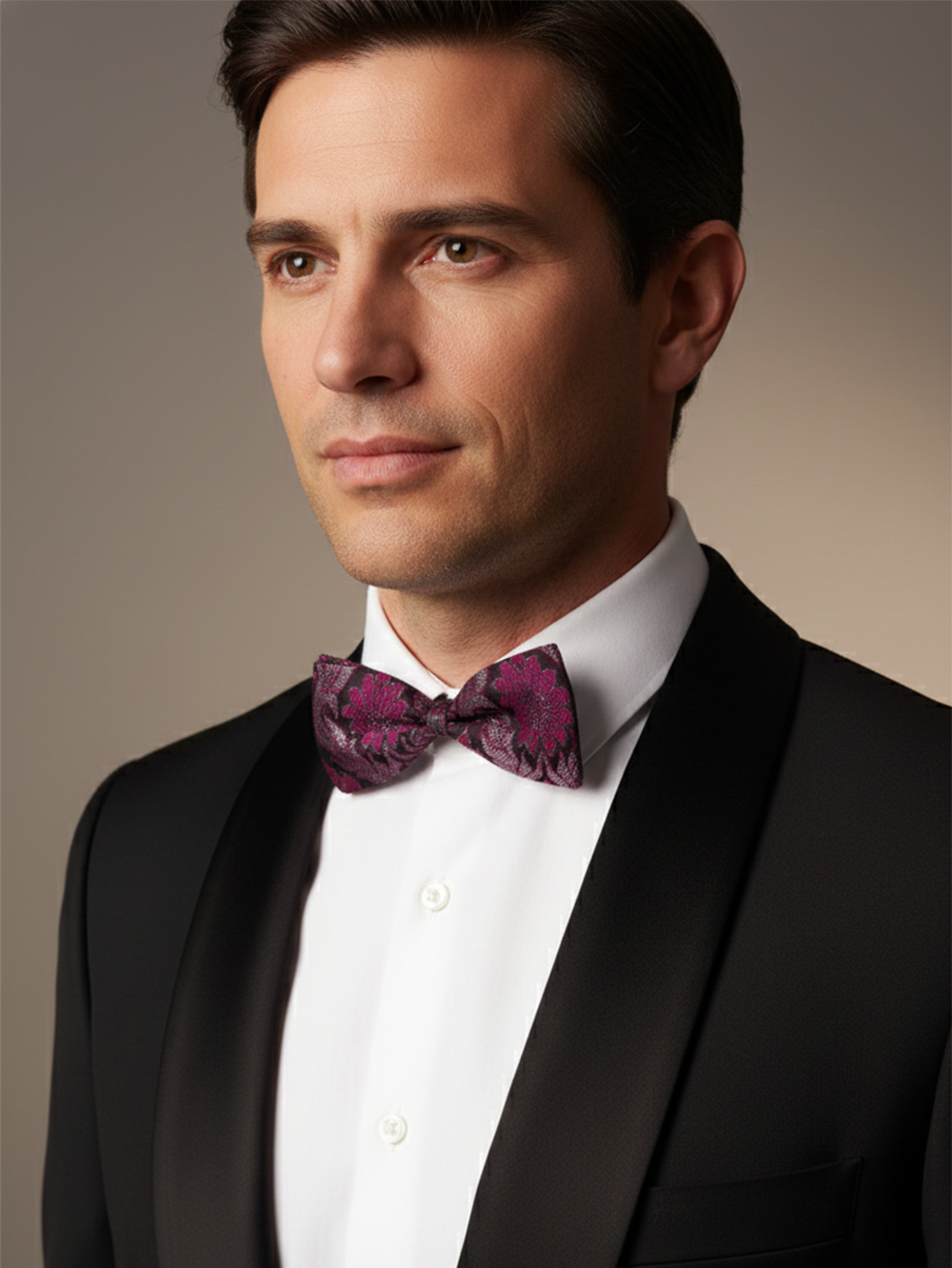 Sophisticated Burgundy Wine and Mauve Floral Men's Bow Tie