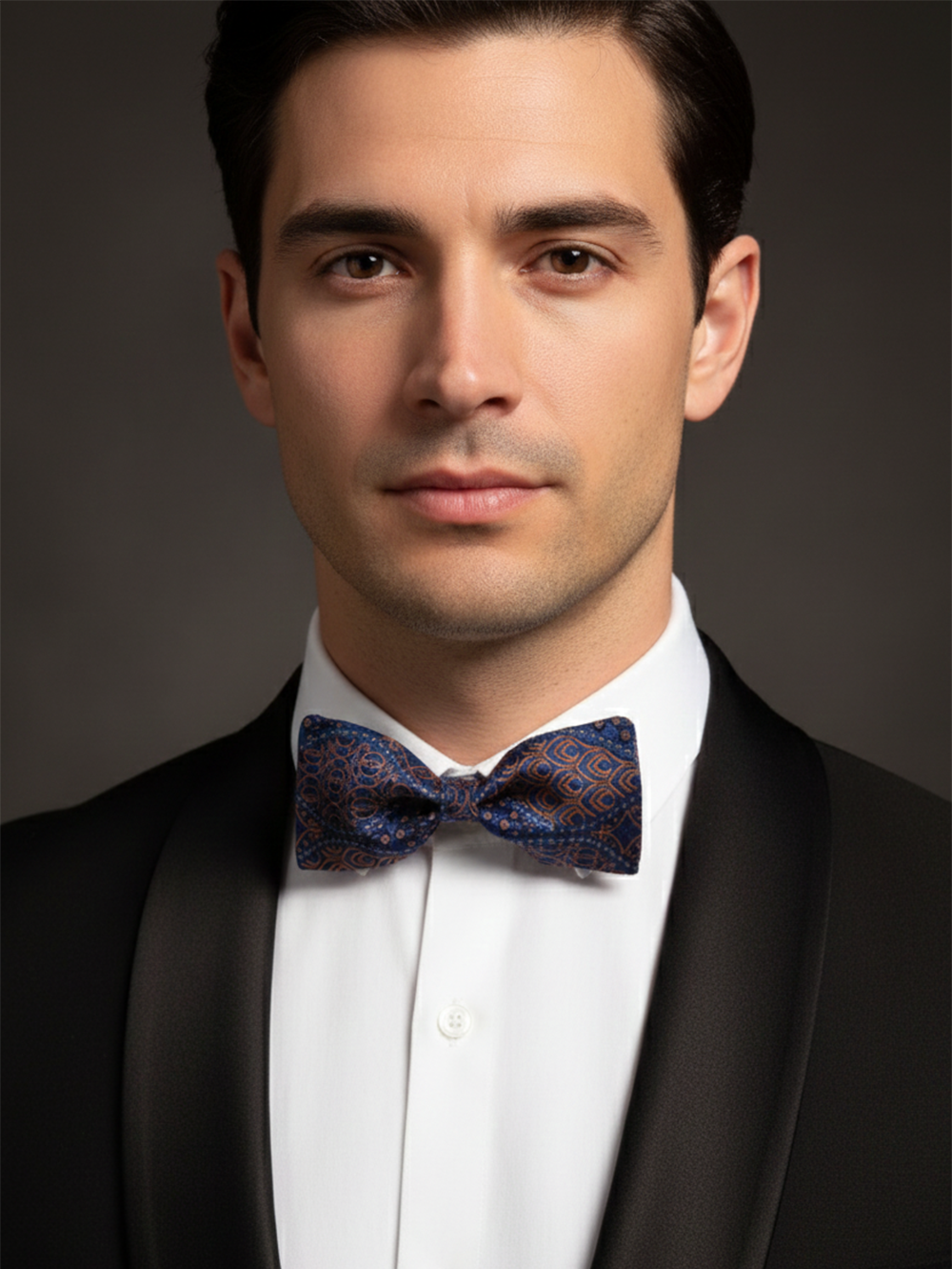 Artistic Navy Blue and Bronze Abstract Mandala Men's Bow Tie