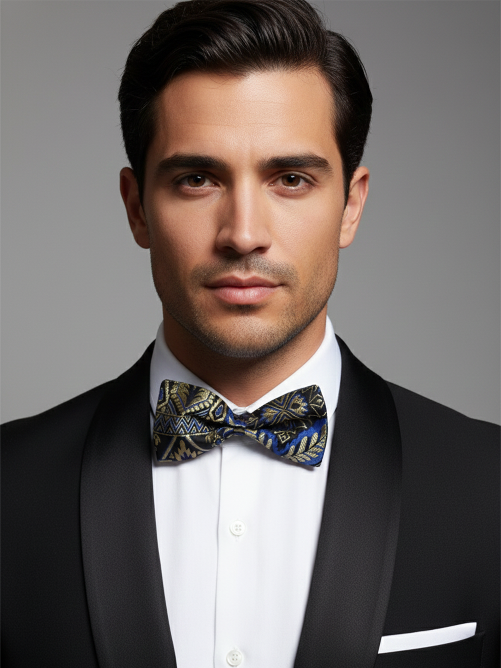Luxury Royal Blue and Gold Geometric Tribal Men's Bow Tie