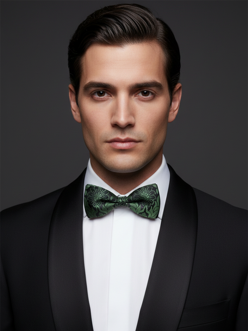 Exquisite Emerald Green and Black Floral Men's Bow Tie