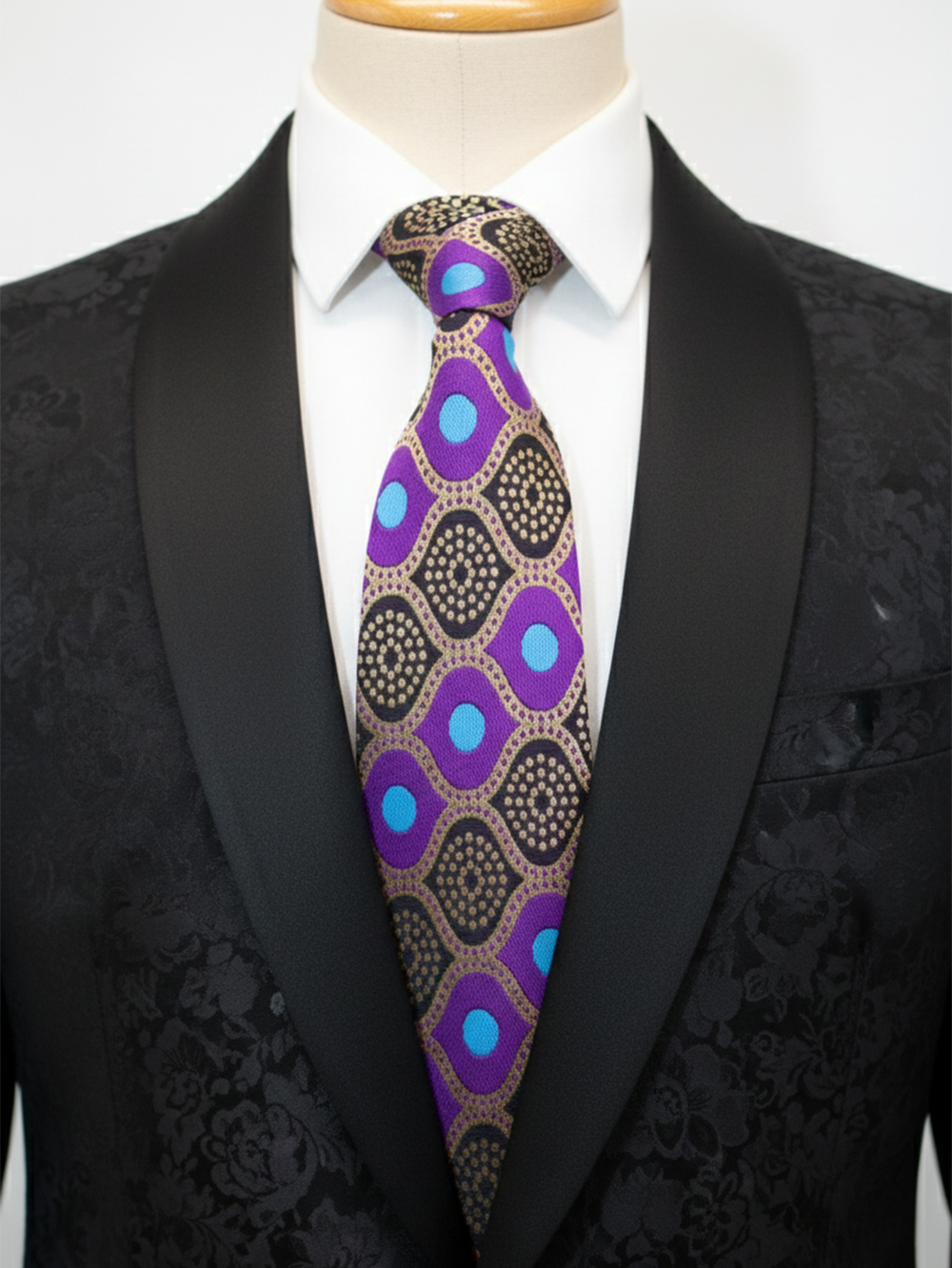 Premium Men's Silk-Blend Necktie – Vibrant Purple Tie with Retro Blue Dots, Gold Accents, and Geometric Mosaic Pattern