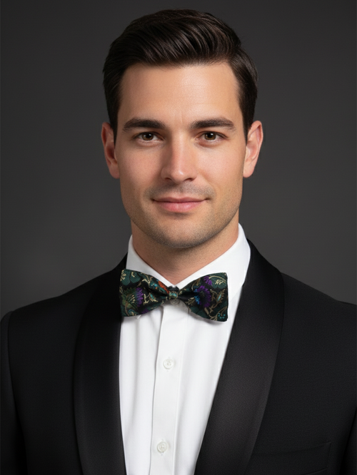 Elegant Black Bow Tie with Multicolored Floral Jacquard Pattern