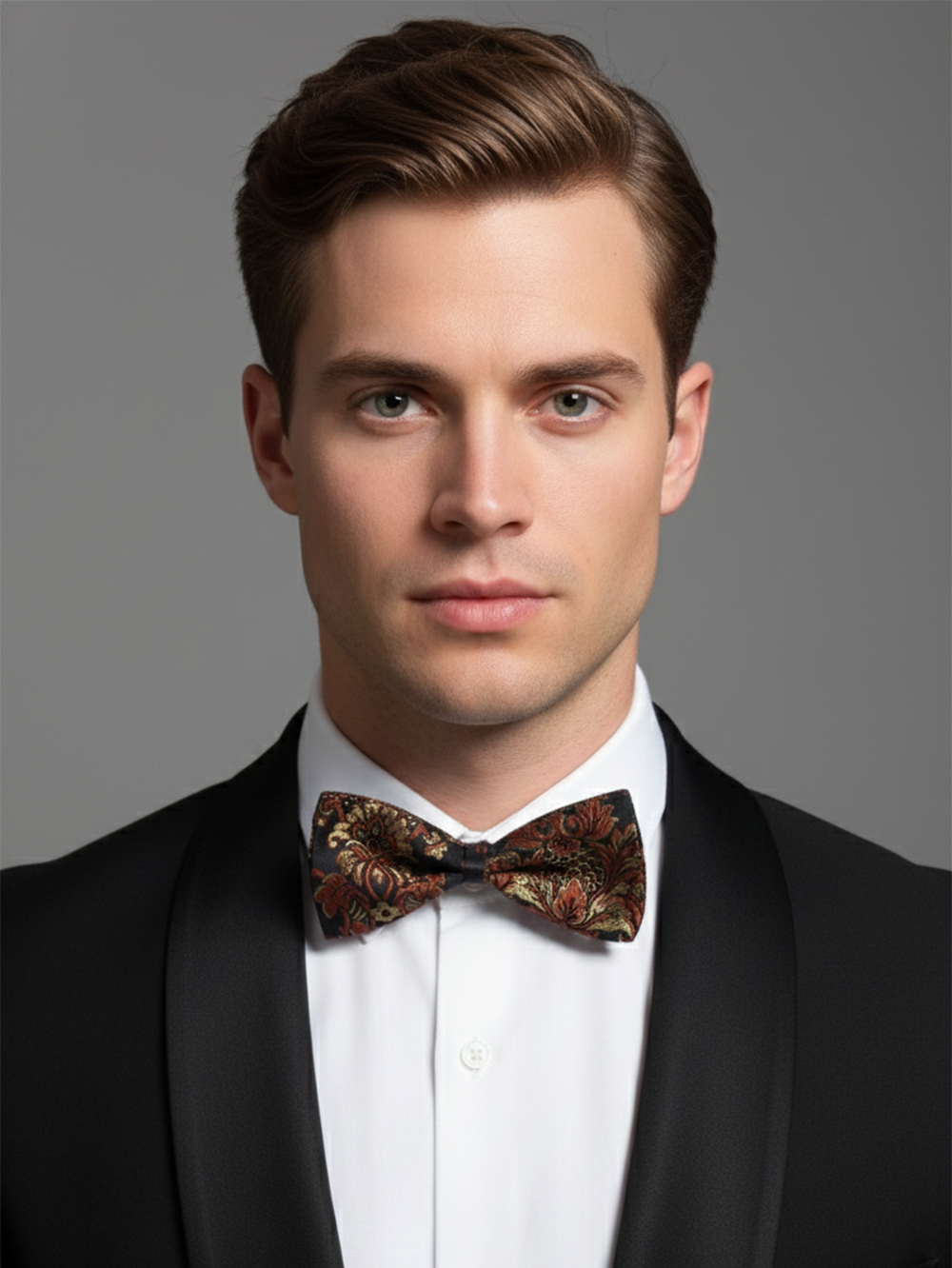 Elegant Bronze Gold and Black Floral Men's Bow Tie