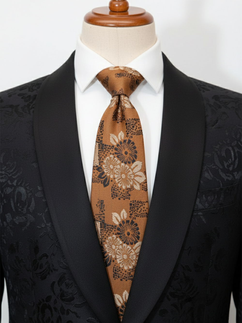 Premium Men's Silk-Blend Necktie – Vintage Chestnut Brown and Copper Tie with Elegant Cream Floral Pattern