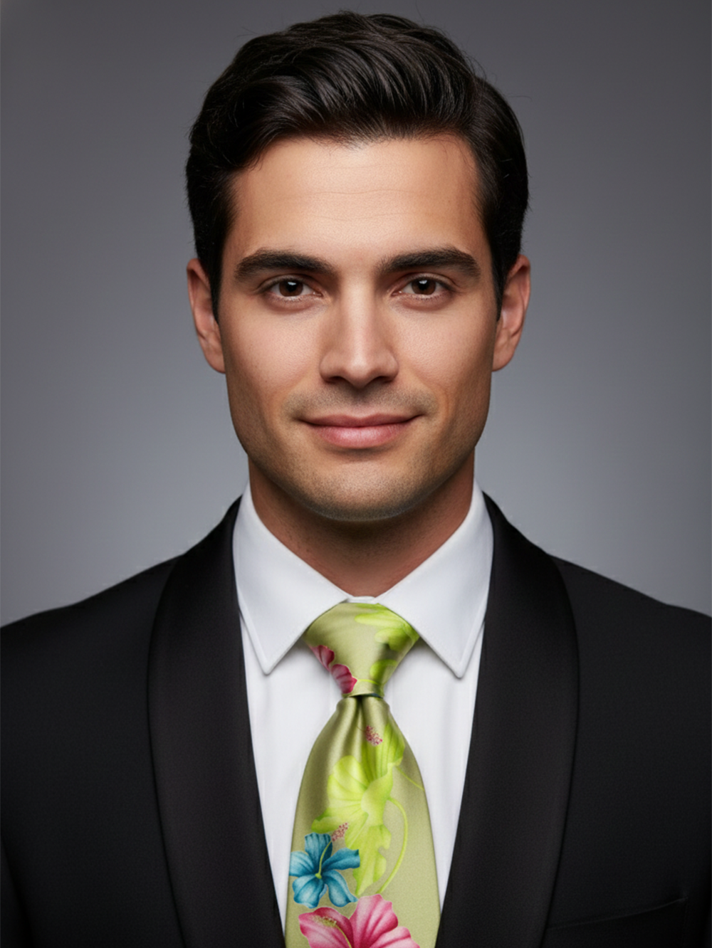Premium Men's Tropical Floral Necktie – Light Sage Green Tie with Pink and Blue Hibiscus Flower Pattern