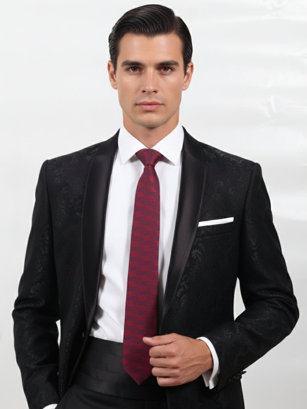 Premium Men's Silk-Blend Necktie – Rich Burgundy and Crimson Red Tie with Elegant 3D Isometric Geometric Cube Pattern