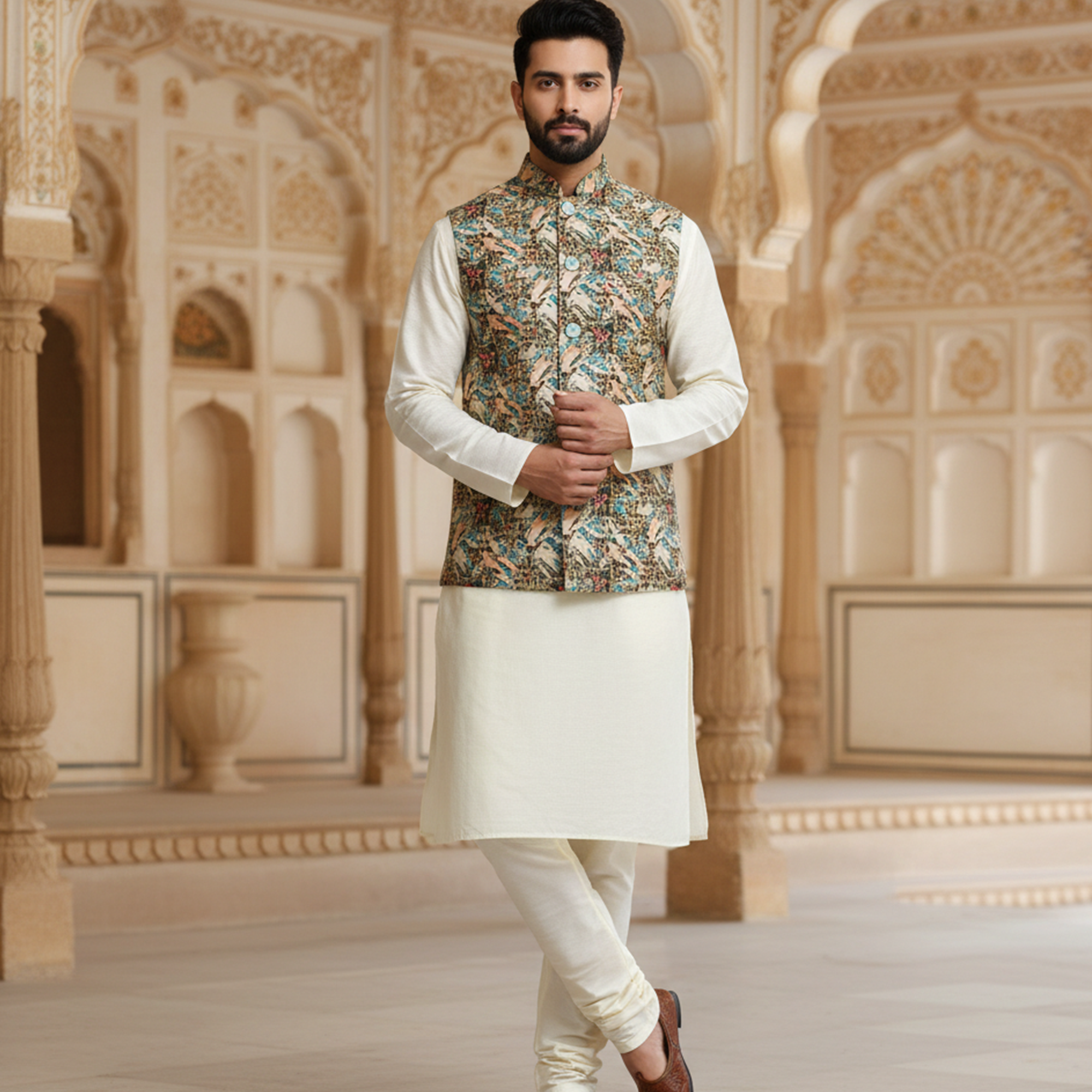 Men’s Multicolor Heritage Print Nehru Jacket with Ivory Kurta  Pajama – Festive Elegance