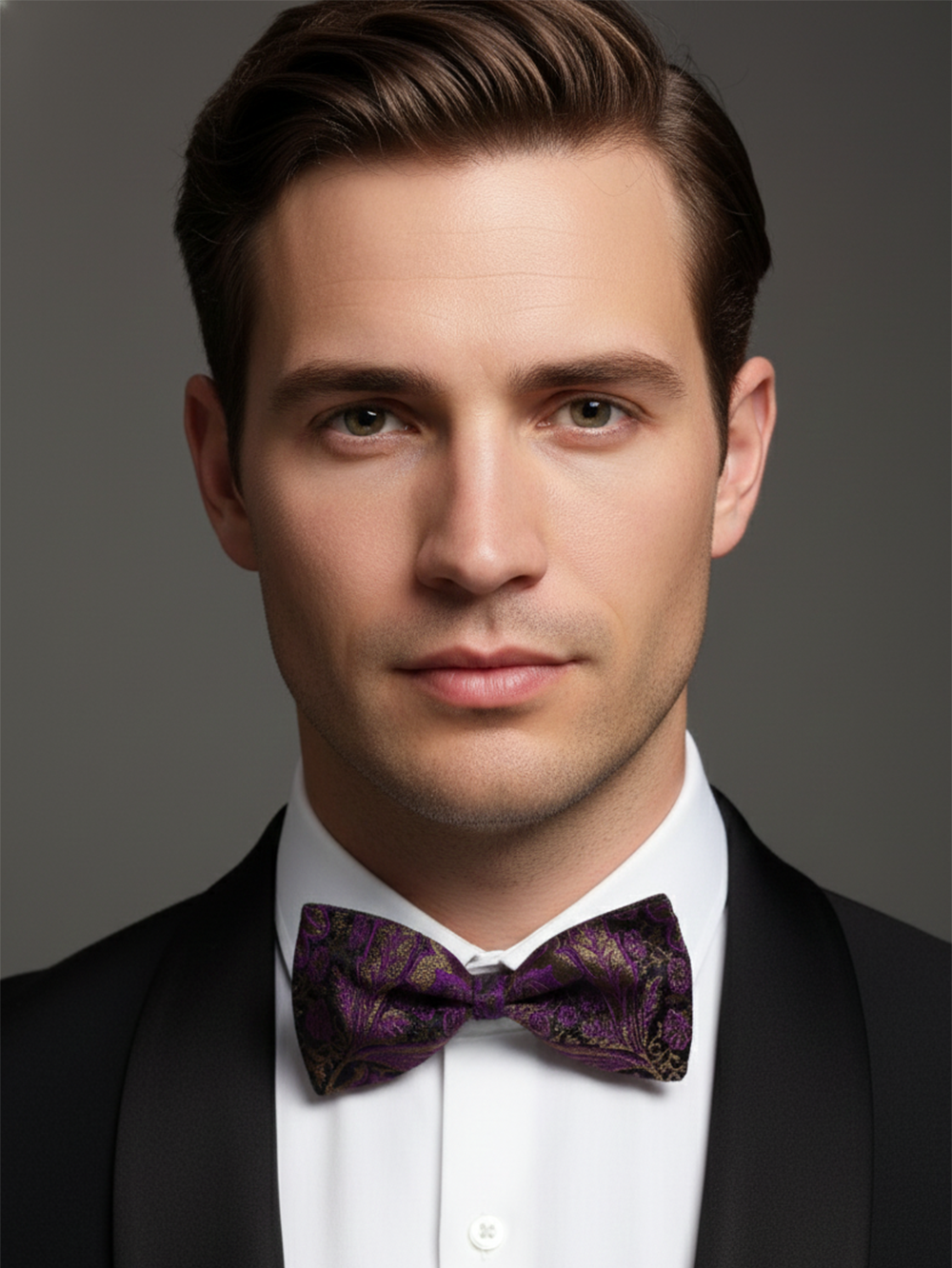 Luxury Royal Purple and Antique Gold Floral Men's Bow Tie